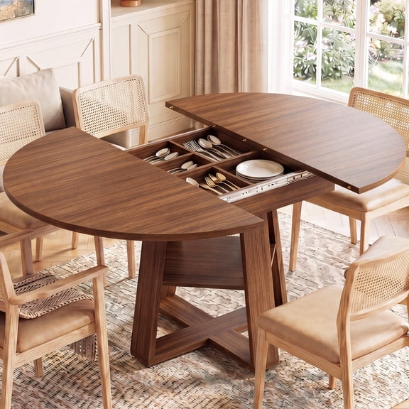 CONCETTA 43"-51" Modern Extendable Dining Table for 4-8, Space Saving Round to Oval Kitchen Table with Storage Shelf & Heavy Cross Pedestal Base, Water-Proof, Brown