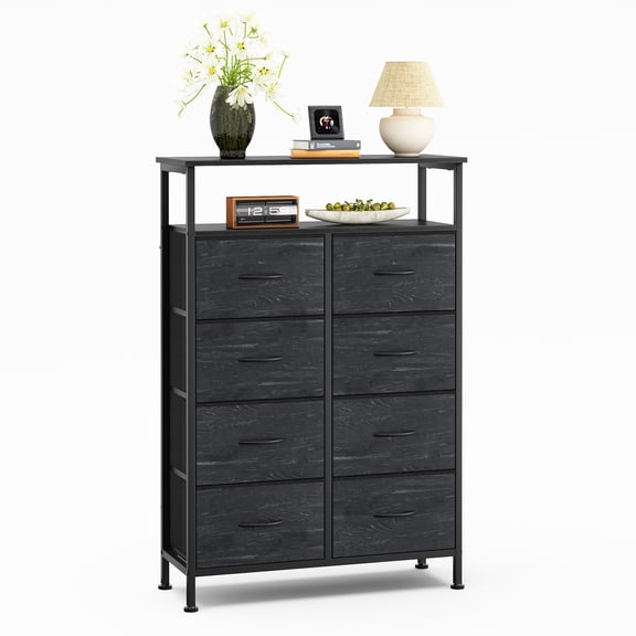 CONCETTA 8-Drawer Fabric Storage Cabinet with Open Shelf, 45.9-inch Tall for Bedroom, Living Room, All Ages, Wood Black, Wood Black
