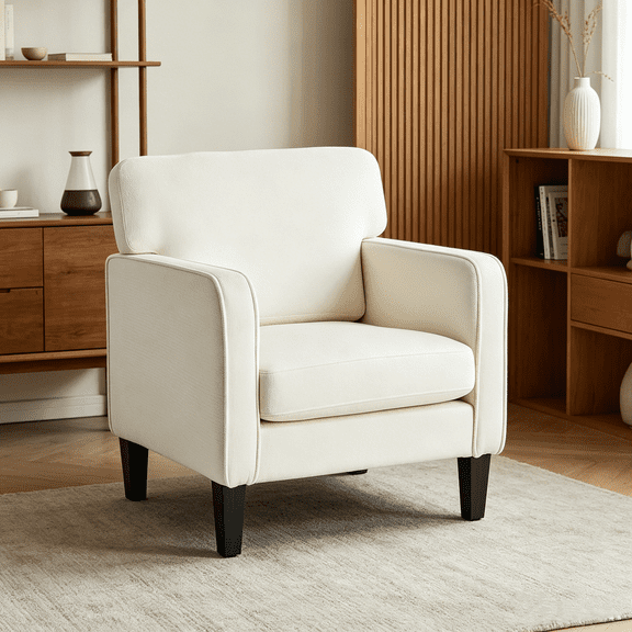 CONCETTA Chenille Fabric Accent Chair with Armrest, Modern Comfy White Armchair for Living Room Bedroom Office