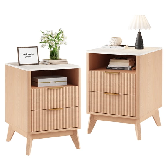 CONCETTA Fluted Nightstands Set of 2 with Charging Station, Faux Marble Top Bedside Table with 2 Drawers and Open Shelf for Bedroom, Living Room, Natural Oak