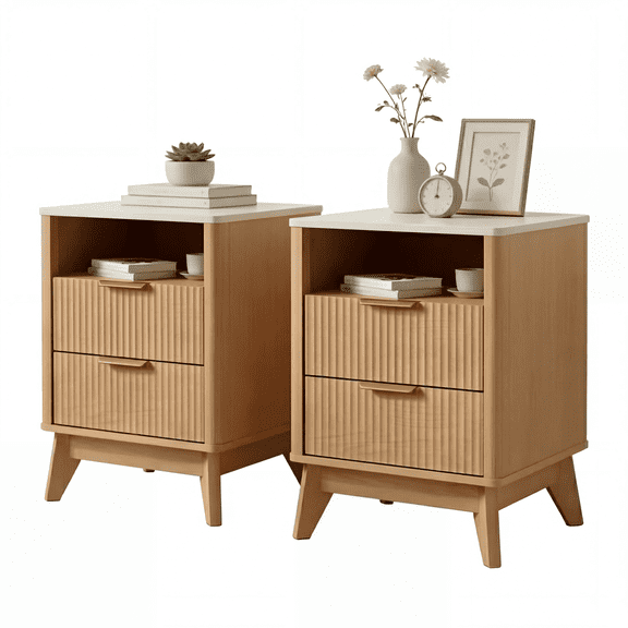 CONCETTA Fluted Nightstands Set of 2 with Charging Station, Faux Marble Top Bedside Table with 2 Drawers and Open Shelf for Bedroom, Living Room, Natural Oak