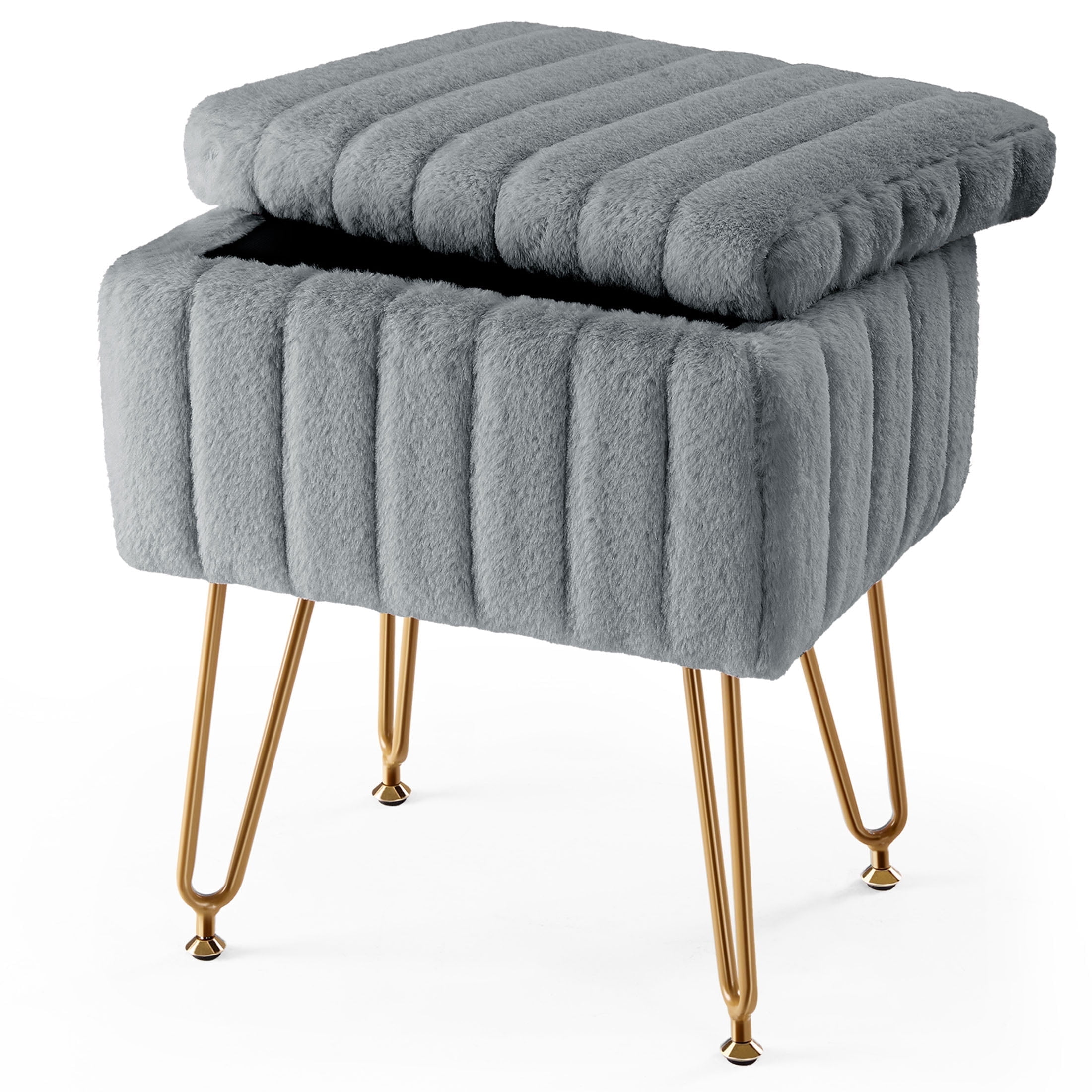 CONCETTA Footstools Ottoman Storage Bench, Vanity Faux Fur Padded Chair with Storage and Adjustable Feet for Makeup Bedroom Entryway, Grey