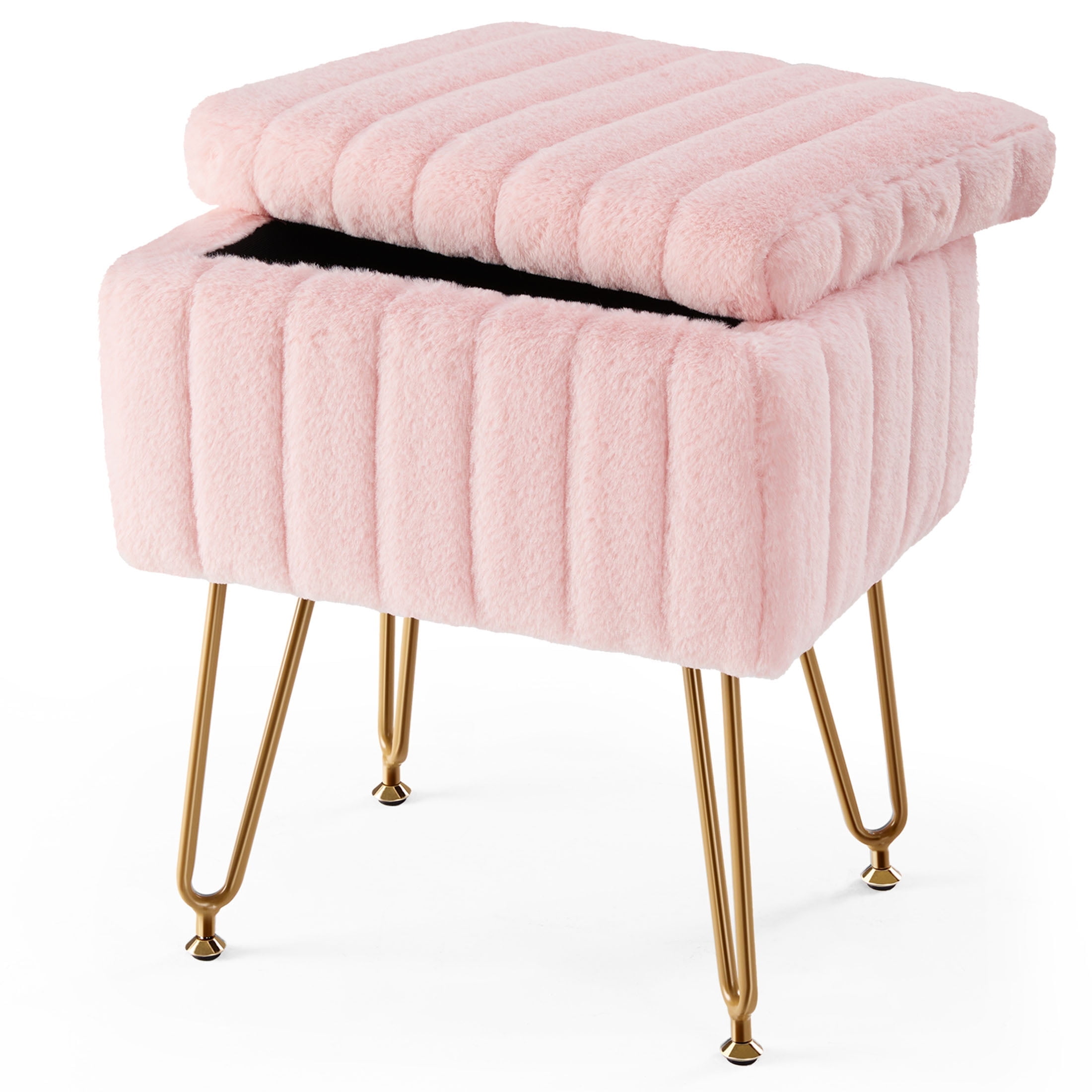 CONCETTA Footstools Ottoman Storage Bench, Vanity Faux Fur Padded Chair with Storage and Adjustable Feet for Makeup Bedroom Entryway, Pink