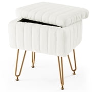 CONCETTA Footstools Ottoman Storage Bench, Vanity Faux Fur Padded Chair with Storage and Adjustable Feet for Makeup Bedroom Entryway, White