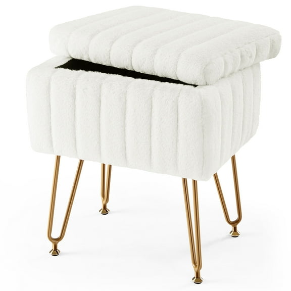 CONCETTA Footstools Ottoman Storage Bench, Vanity Faux Fur Padded Chair with Storage and Adjustable Feet for Makeup Bedroom Entryway, White