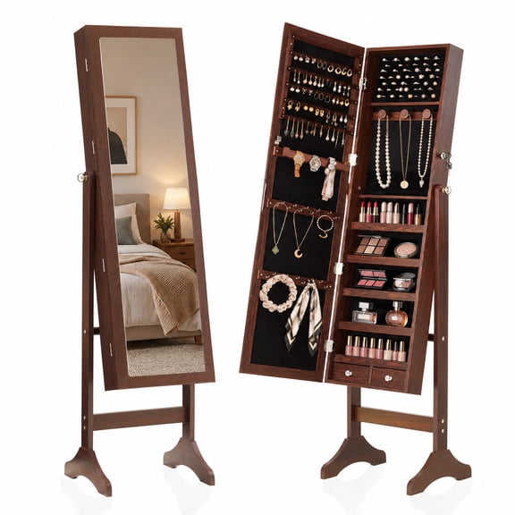 CONCETTA Freestanding Jewelry Cabinet with Full Length Mirror, Lockable Jewelry Armoire Organizer, Velvet Lining, Brown