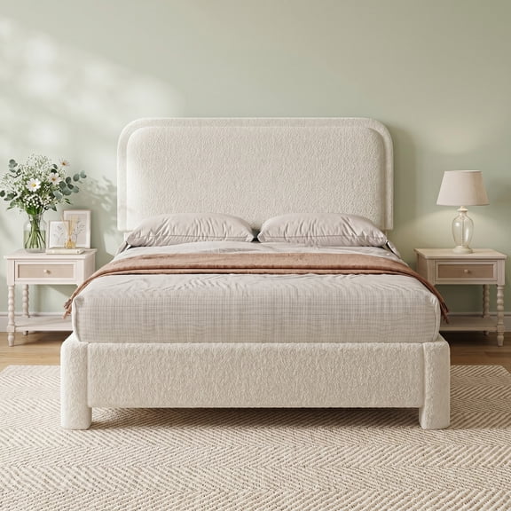 CONCETTA Full Bed Frame with Boucle Upholstery, Modern Platform Bed with Headboard, Soft Rounded Corners, No Box Spring Needed, Easy Assembly, White
