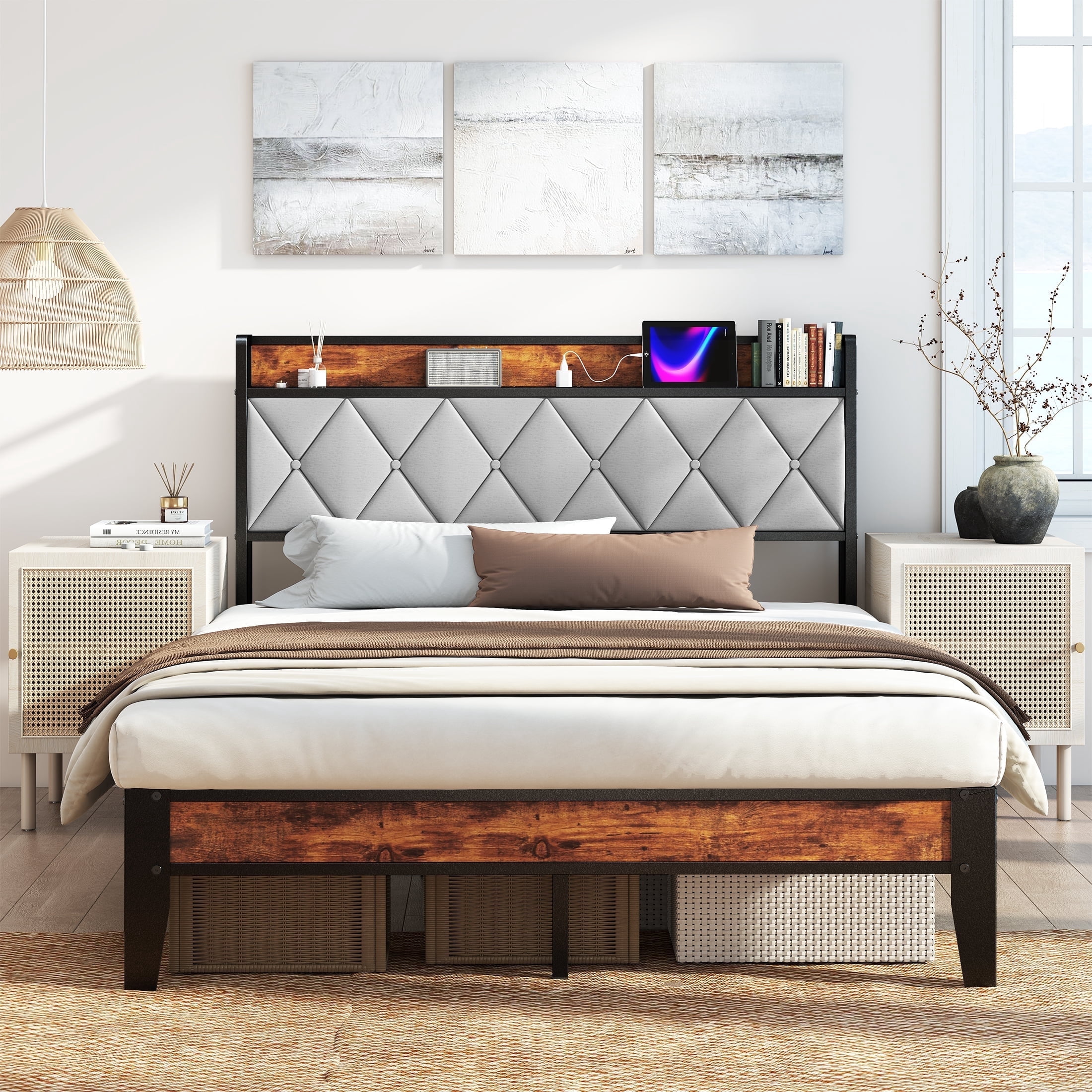 CONCETTA Full Bed Frame, Heavy Duty Metal, Storage Headboard with Charging Station, Noise Free, No Spring Box Required, 880lbs Capacity