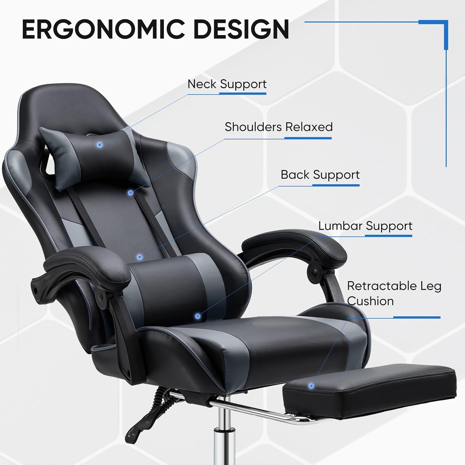 CONCETTA Gaming Chair with Footrest and Lumbar Support, Ergonomic Home Office Chair, Black and Gray