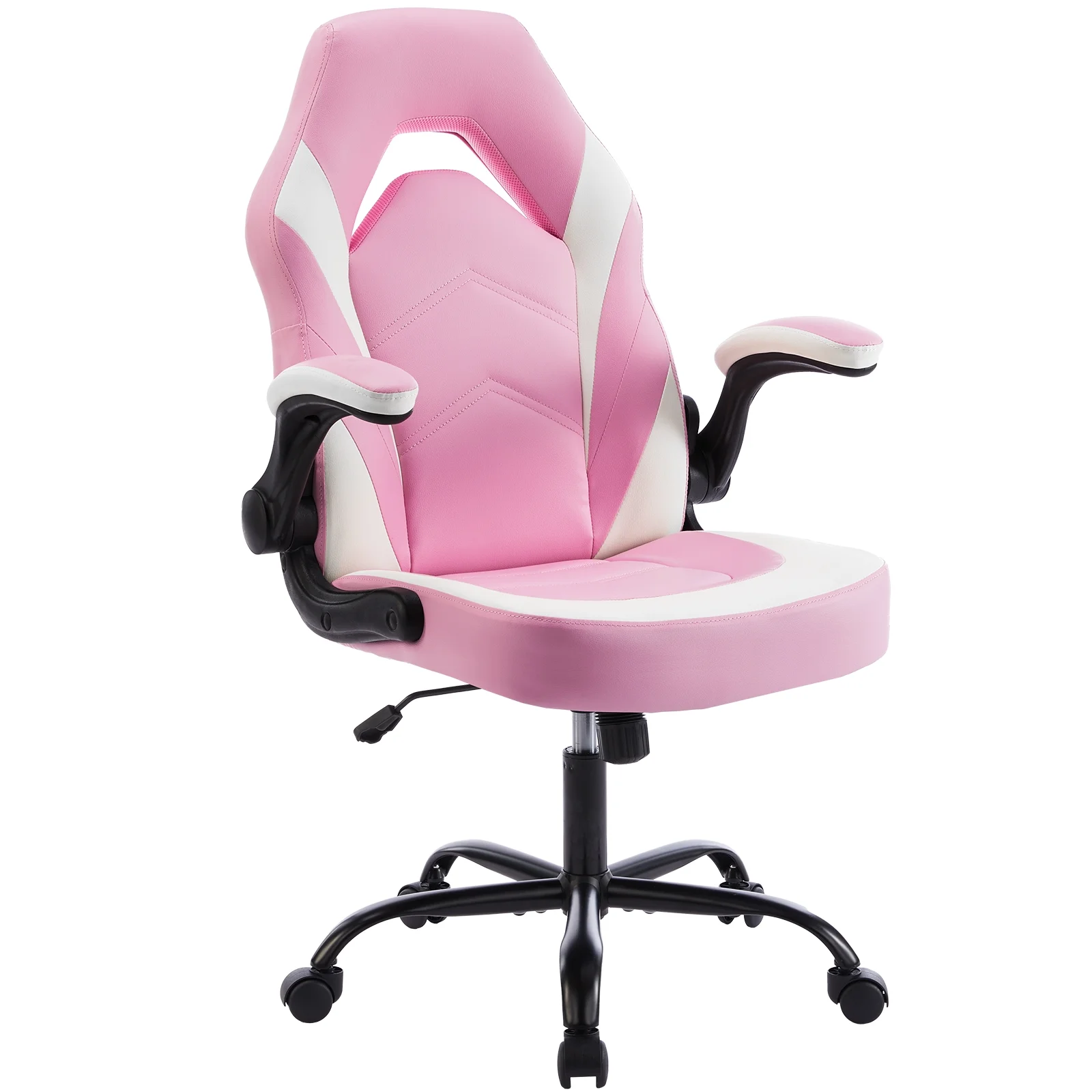 Pink and White High-Back PU Leather Gaming Chair with Flip-up Armrests