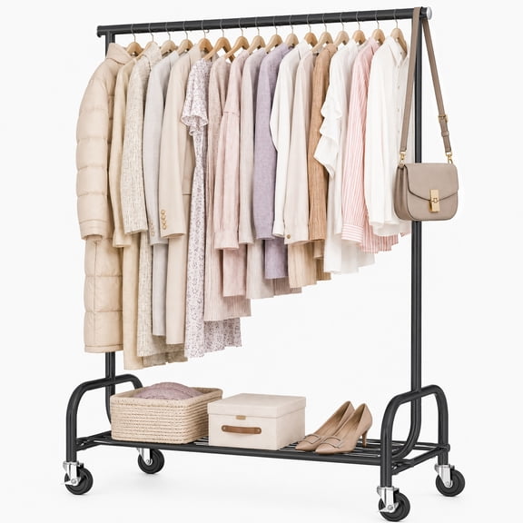 CONCETTA Heavy-Duty Clothes Rack, Movable Freestanding Rack with Shelf, Metal Clothes Rack for 450 lbs, Black