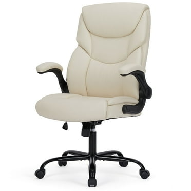CONCETTA High Back Office Chair,PU Leather Desk Chair with Lumbar Support, Wheels, and Flip-up Armrest, White