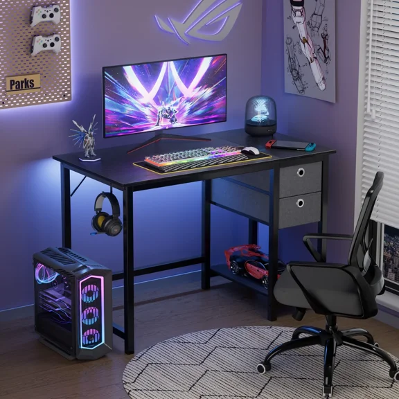 CONCETTA Home Office Desks with Storage, Reversible Study Table Vanity Desk for Small Spaces 40 Inch, Black