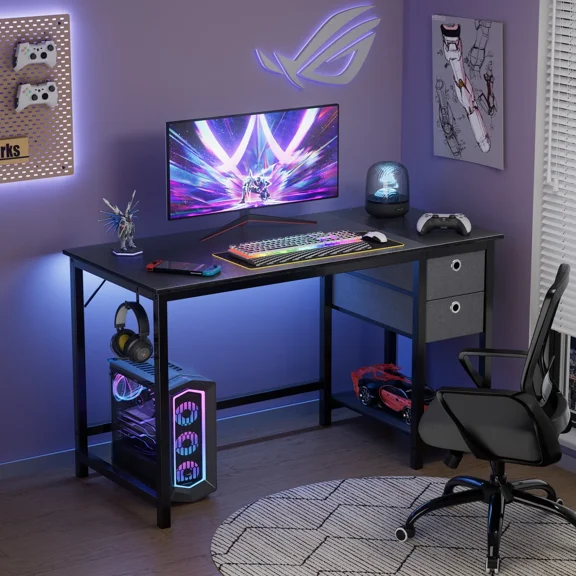 CONCETTA Reversible Home Office Desk with Storage, Compact Study and Vanity Table for Small Spaces 47 Inch, Black