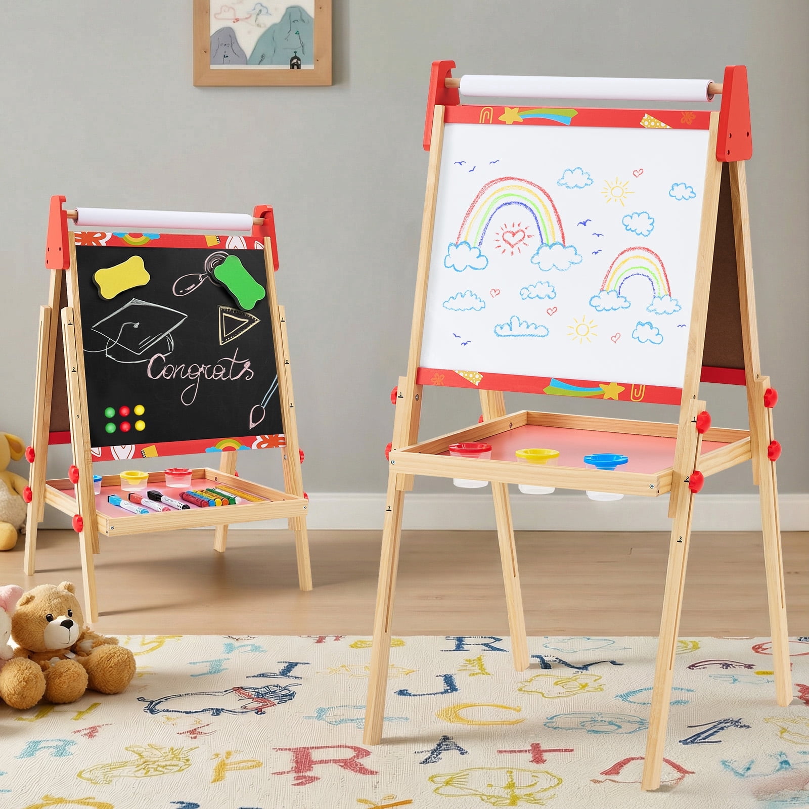 CONCETTA Kids Easel, Double-Sided Magnet Whiteboard & Chalkboard with Paper Roll, Storage Shelf & Accessories, Red
