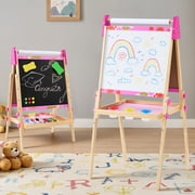 CONCETTA Kids Easel, Double-Sided Magnet Whiteboard & Chalkboard with Paper Roll, Storage Shelf & Accessories, Pink