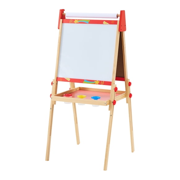 CONCETTA Kids Easel with Paper Roll, Adjustable Height Double-Sided Magnetic Board, Chalkboard/Whiteboard for Age 3+, Accessories Included, Red