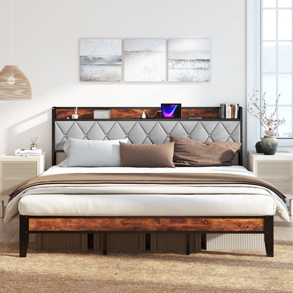 CONCETTA King Bed Frame, Heavy Duty Metal, Storage Headboard with Charging Station, Noise Free, No Spring Box Required, 1100lbs Capacity
