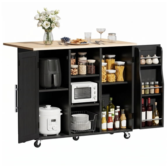 CONCETTA Kitchen Island Cart, Rolling Storage Cabinet with Racks, Open Shelves and Drawer, Black