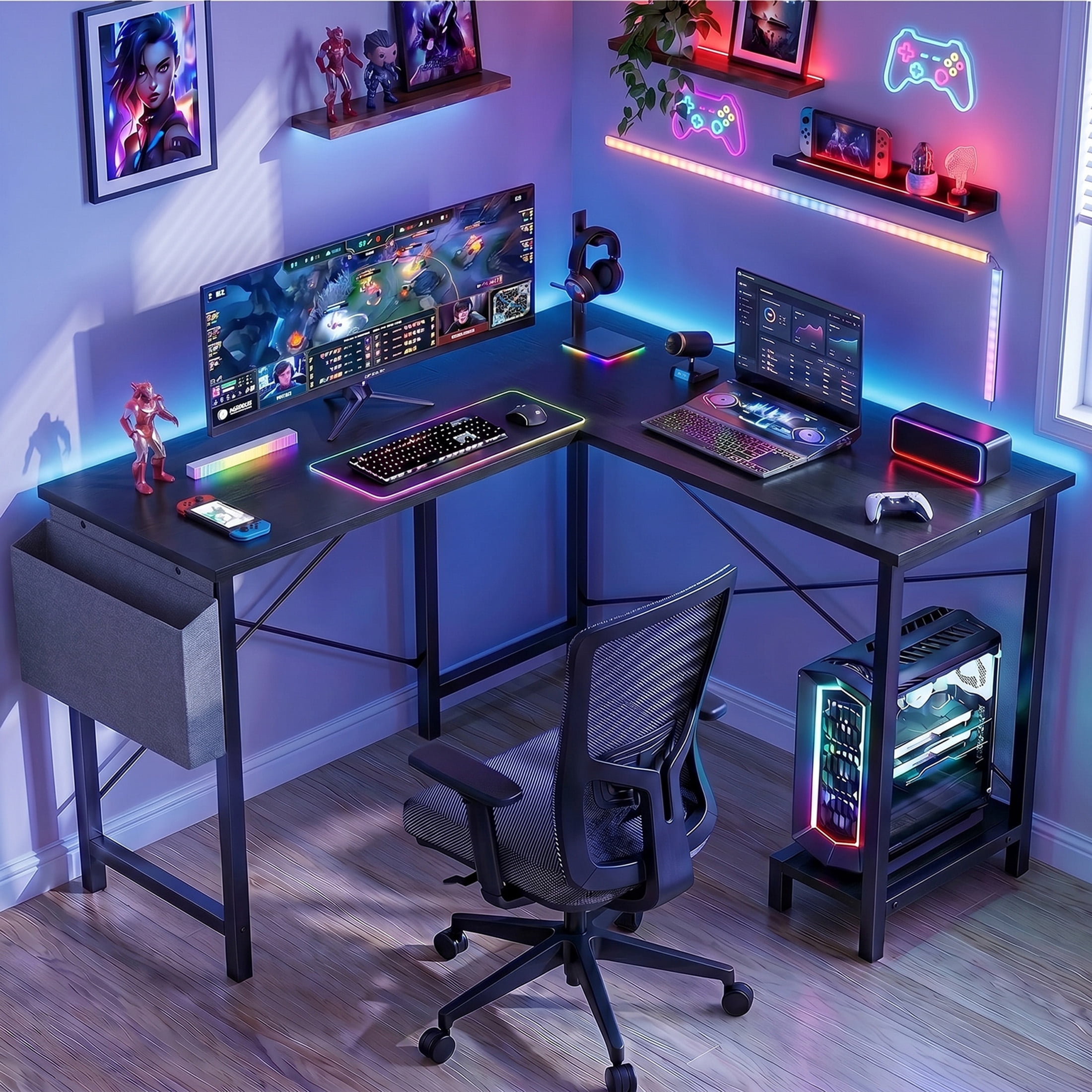 CONCETTA 49 Inch Modern L Shaped Computer Desk with Lower Storage Shelf & Side Bag, Two-Way Convertible Corner Gaming Table for Home Office, Black