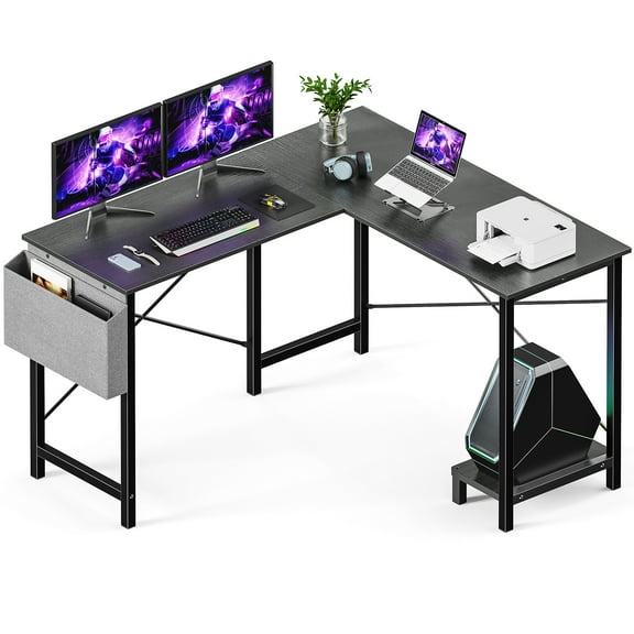 CONCETTA L Shaped Desk - Computer Desk Gaming Corner 50 Inch Home Office Writing Student Work PC Table, With CPU Stand Side Bag, Black