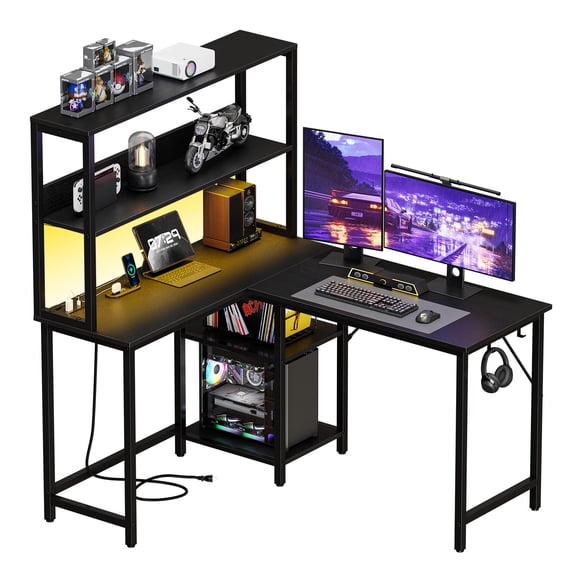CONCETTA L Shaped Gaming Desk, Reversible Computer Desk with Power Outlets & LED Lignts, 43 Inch Gaming Table with Storage Shelves and Hooks for Bedroom Home Office, Black