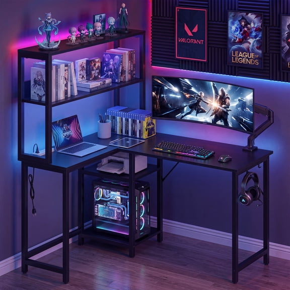 CONCETTA L Shaped Gaming Desk, Reversible Computer Desk with Power Outlets & LED Lignts, 53 Inch Gaming Table with Storage Shelves and Hooks for Bedroom Home Office, Black