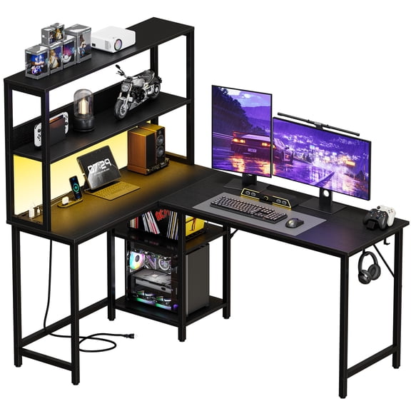 CONCETTA L Shaped Gaming Desk, Reversible Computer Desk with Power Outlets & LED Lignts, 53 Inch Gaming Table with Storage Shelves and Hooks for Bedroom Home Office, Black