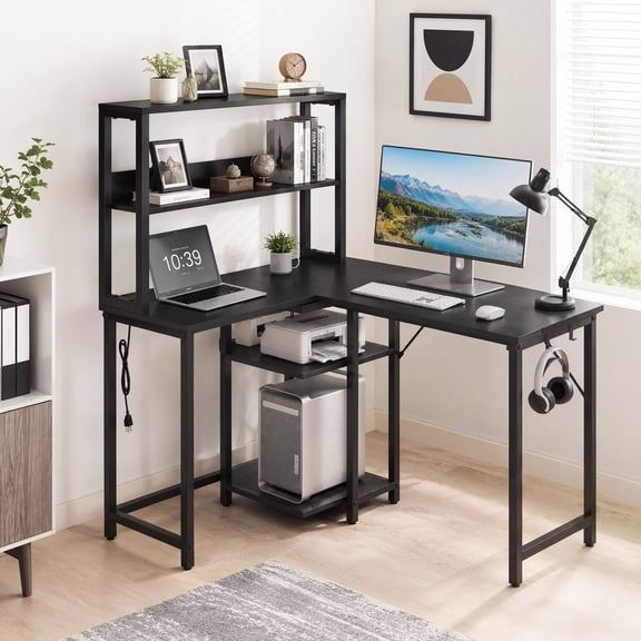CONCETTA 55 Inch L Shaped Gaming Desk, Reversible Computer Desk with Power Outlets & LED Lignts, Gaming Table with Storage Shelves and Hooks for Bedroom Home Office, Black