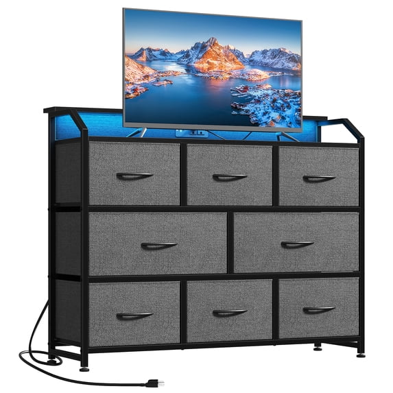 CONCETTA LED TV Stand Dresser, Fits TVs up to 45 Inches, LED Lights & Power Outlet, 8 Fabric Drawers Storage for Bedroom Living Room, Gray