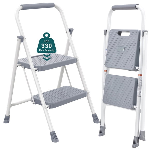 CONCETTA 2 Step Ladder, Foldable Step Stool with Safety Lock, Anti-Slip Pedal, 330lbs Capacity, Gray