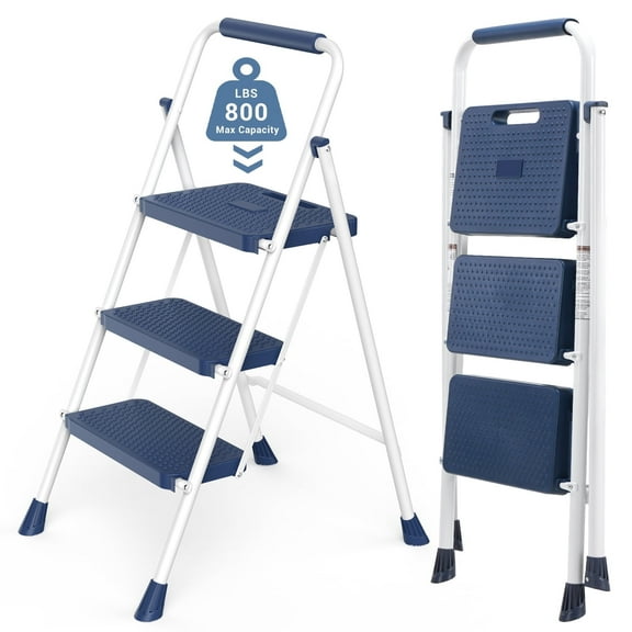 CONCETTA 3 Step Ladder, Folding Step Stool with Anti-Slip Pedal, Lightweight Portable Ladder for Home, Workplace, 800lbs Capacity，Blue
