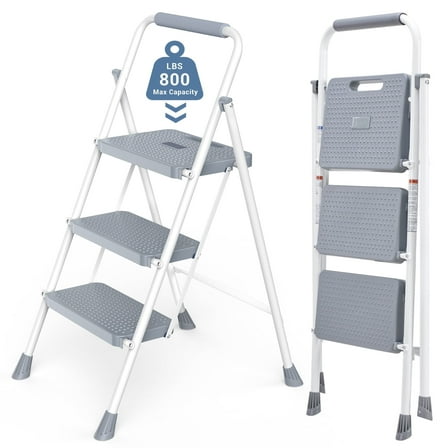CONCETTA 3 Step Ladder, Folding Step Stool with Anti-Slip Pedal, Lightweight Portable Ladder for Home, Workplace, 800lbs Capacity，Gray