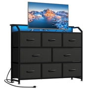 CONCETTA LED TV Stand Dresser, Fits TVs up to 45 Inches, LED Lights & Power Outlet, 8 Fabric Drawers Storage for Bedroom Living Room, Black