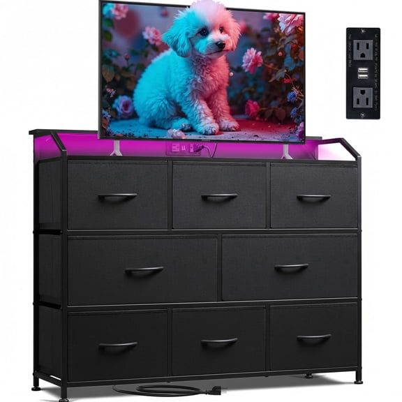 CONCETTA Led Dresser for Bedroom, TV Stand for Bedroom with LED Lights and Power Outlet, 8 Fabric Drawers for Living Room and Entryway, Black