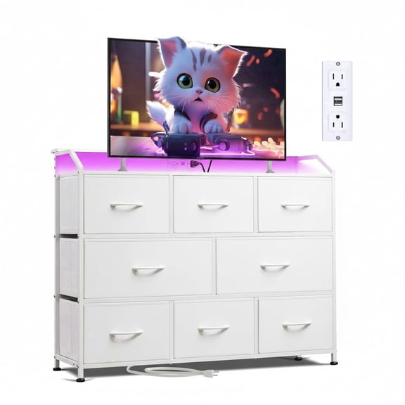 CONCETTA Led Dresser for Bedroom, TV Stand for Bedroom with LED Lights and Power Outlet, 8 Fabric Drawers for Living Room and Entryway, White