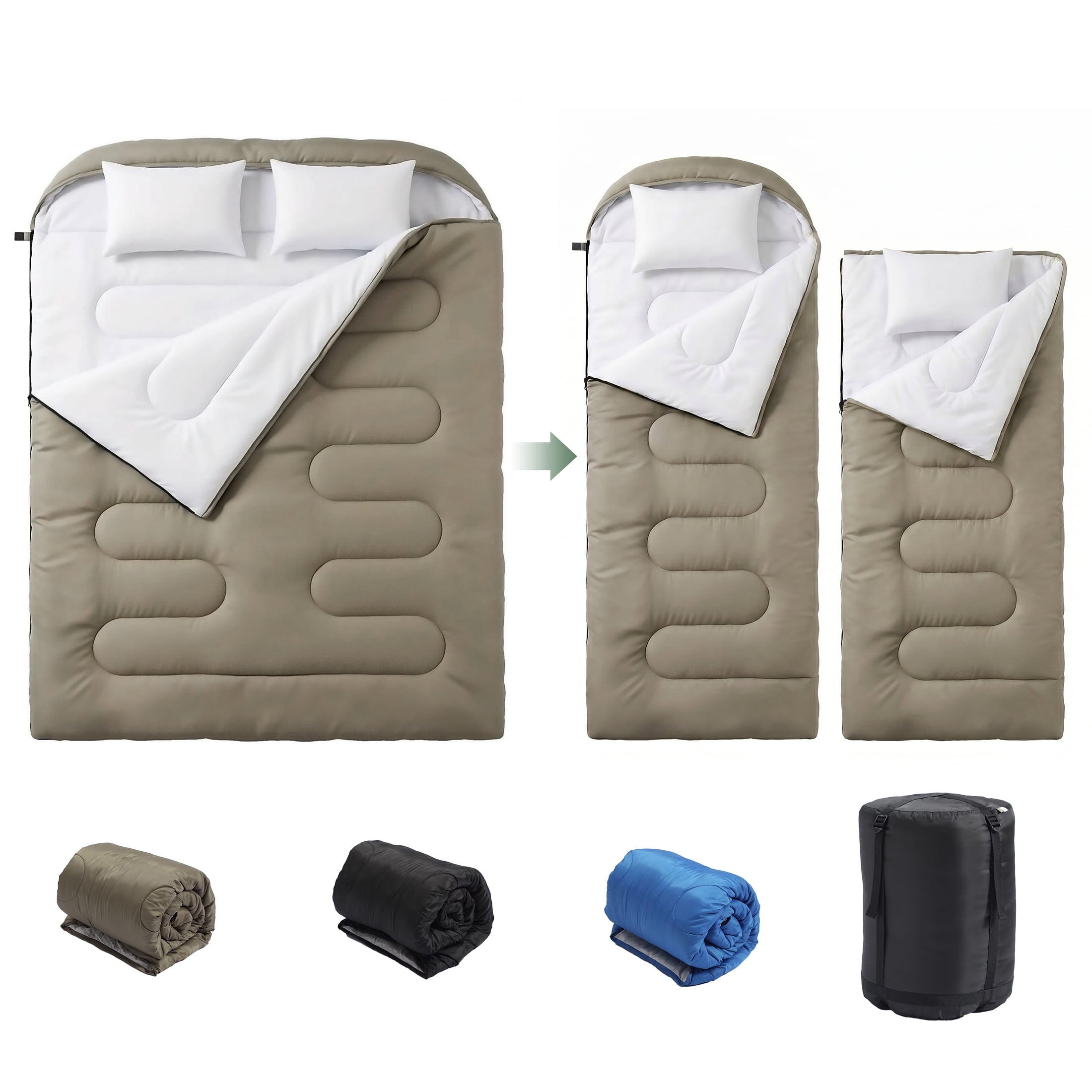 CONCETTA Lightweight Double Sleeping Bag for Adults in Cold & Warm Weaher, Waterproof & Machine Washable for Camping/Backpacking/Hiking, Military Green