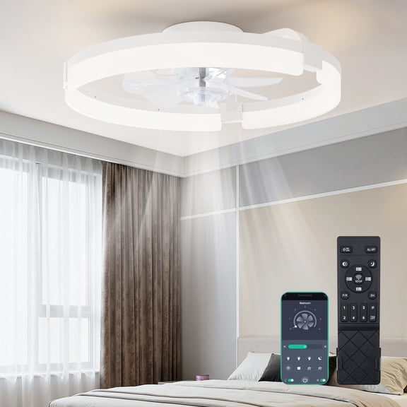 CONCETTA Low Profile Ceiling Fan with Light, 19in Flush Mount Bladeless Fan, Dimmable LED with App & Remote Control, Reversible Quiet Fan for Bedroom, White