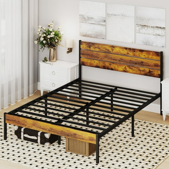 CONCETTA Queen Metal Platform Bed, No Box Spring, 800lbs Support, Heavy-Duty Wooden Slats