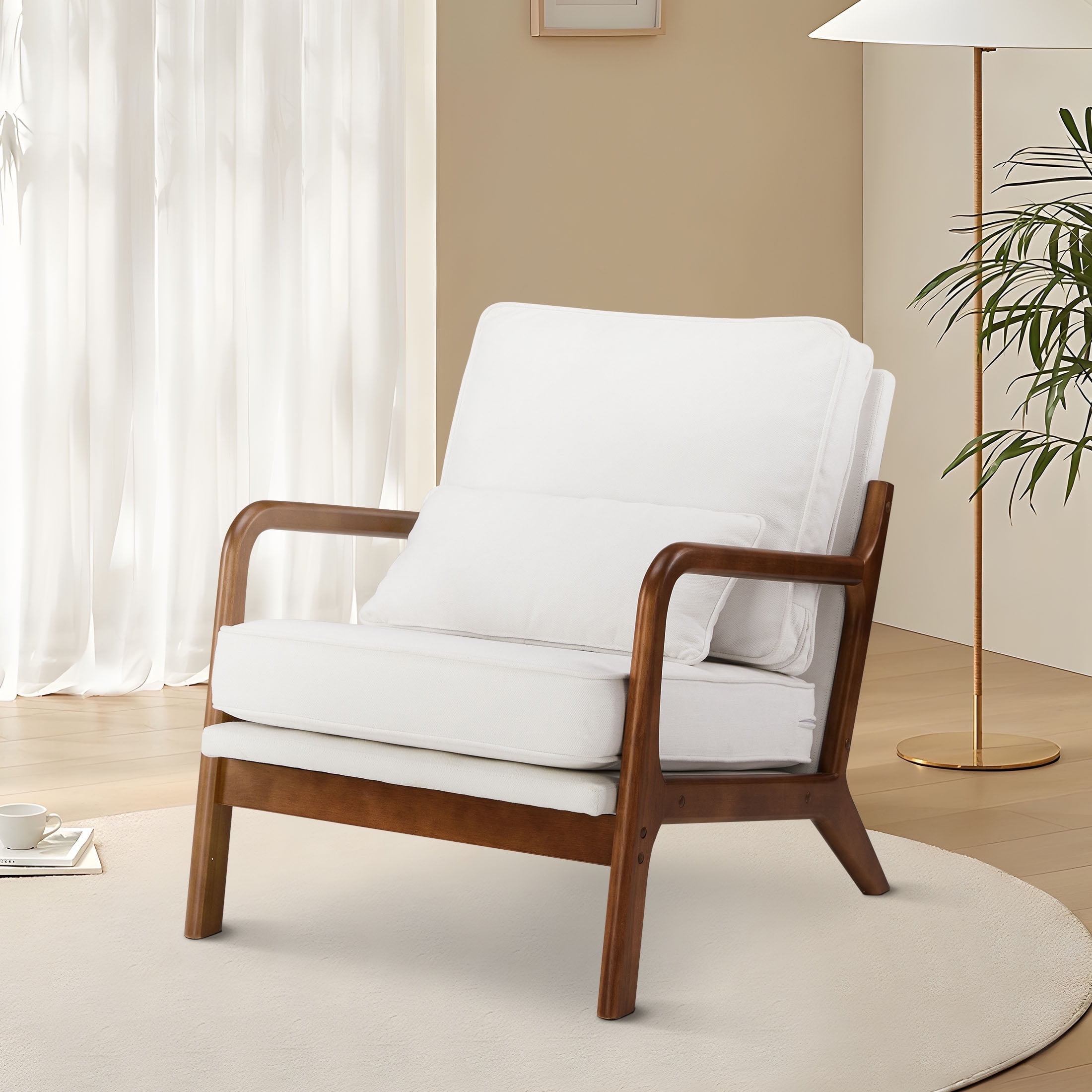 CONCETTA Mid-Century Modern Chair with Pillows & Cushions with Solid Wood Frame Armchair for Living Room, Bedroom, White