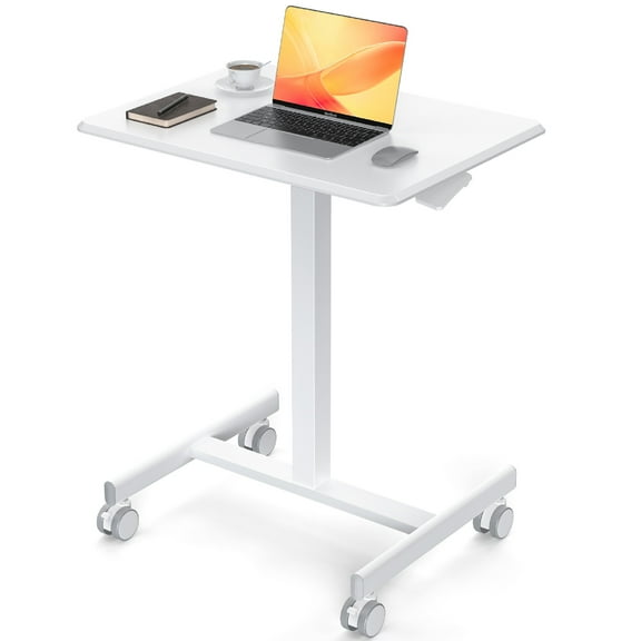 CONCETTA Mobile Small Stading Desk, Portable Rolling Laptop PC Table with Lockable Wheels, Adjustable Height, 19 Inch, White