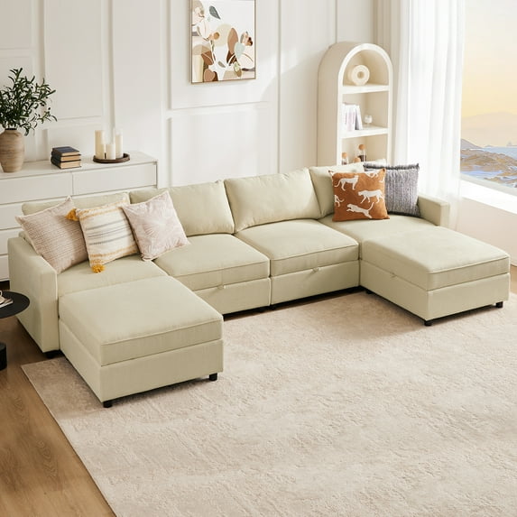 edx Modular Sectional Sofa, 6 Seat Convertible Oversized U Shaped Sofa Couch with Storage Ottomans, Beige