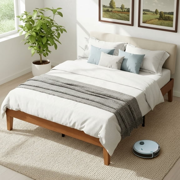 CONCETTA Naturalista Classic Queen Size Solid Wood Platform Bed, Sleek Minimalist Design, Sturdy Durable Frame for Bedroom Decor, Wooden Color