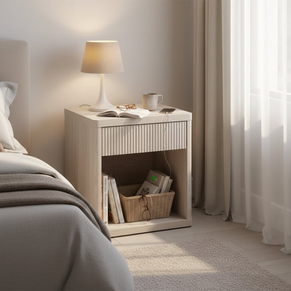 CONCETTA Nightstand with Drawer and Open Shelf, Mid Century Fluted End Table for Bedroom, Living Room and Office, White Oak