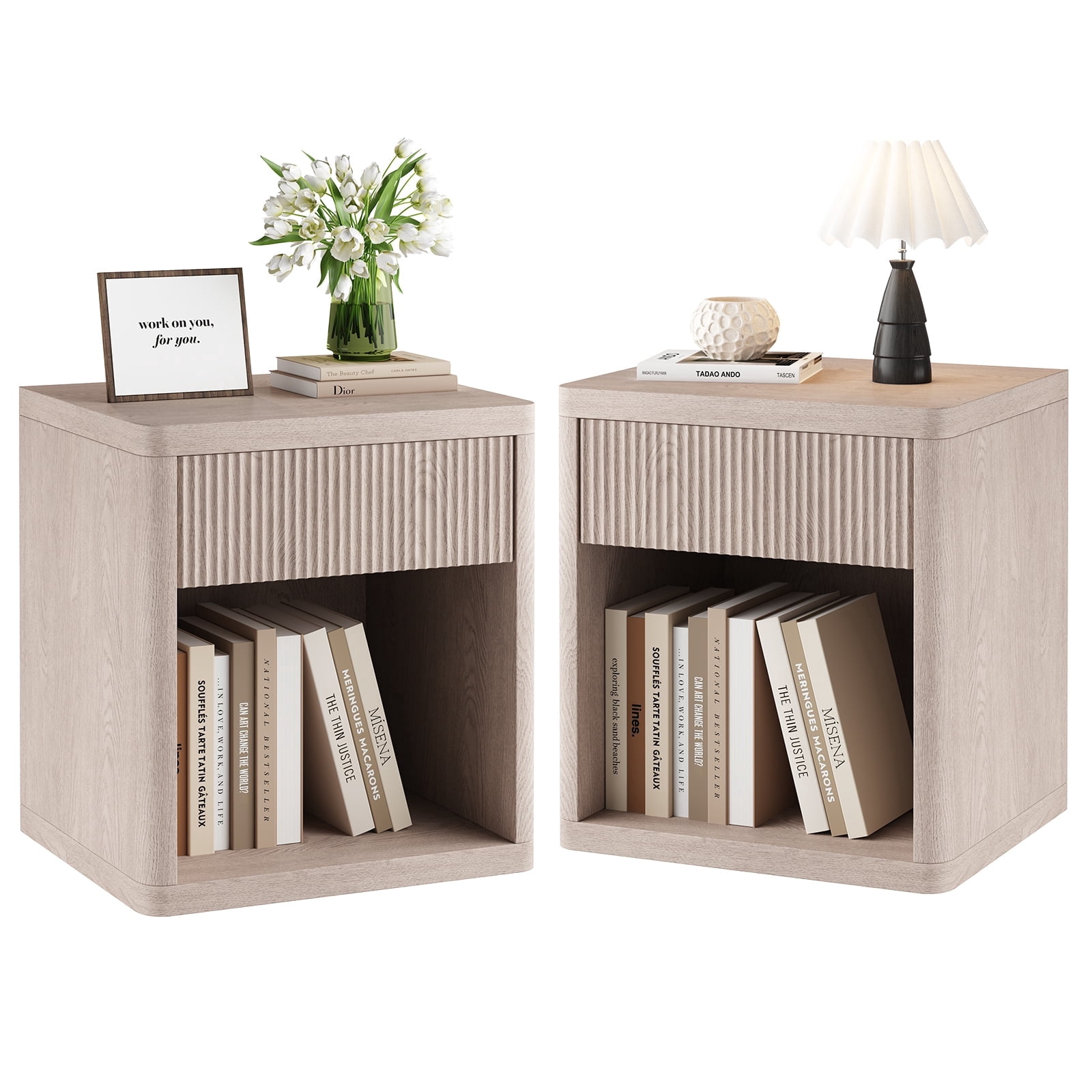 CONCETTA Nightstands Set of 2 with Drawer and Open Shelf, Mid Century Fluted End Table for Bedroom, Living Room and Office, White Oak