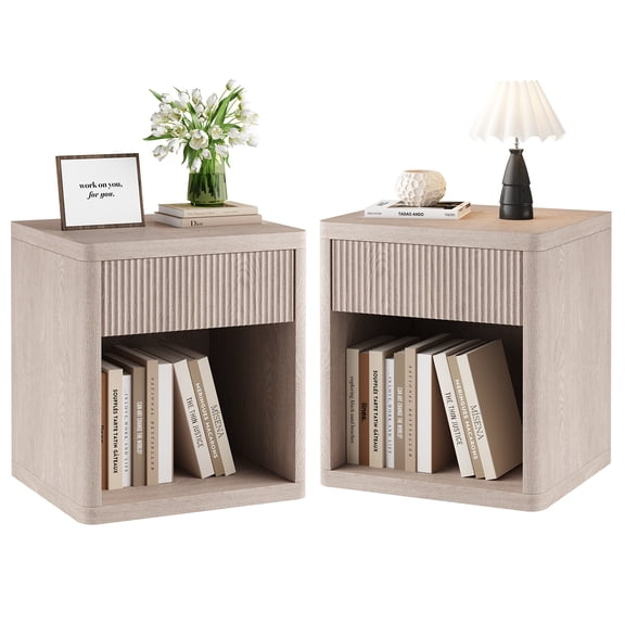 CONCETTA Nightstands Set of 2 with Drawer and Open Shelf, Mid Century Fluted End Table for Bedroom, Living Room and Office, White Oak