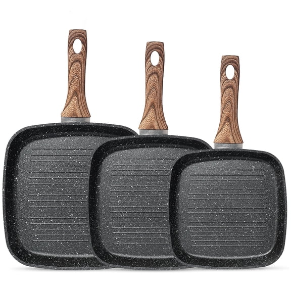 CONCETTA Non-Stick Cookware Set, Square Frying Pan, Wooden Handle, Suitable For Indoor And Outdoor Camping and Rv Cooking, Gift for Mother's Day, Black