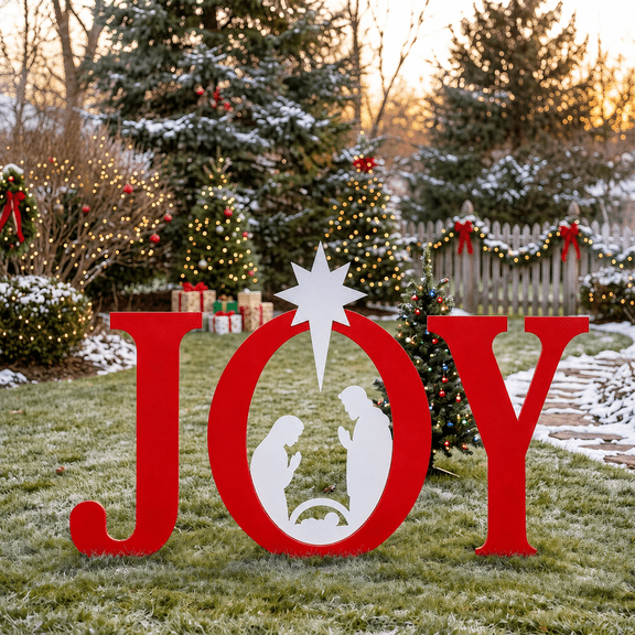 CONCETTA 36in Outdoor JOY Christmas Nativity Decoration for Yard, Weather Resistant PVC, Freestanding Holiday Decor, Red White