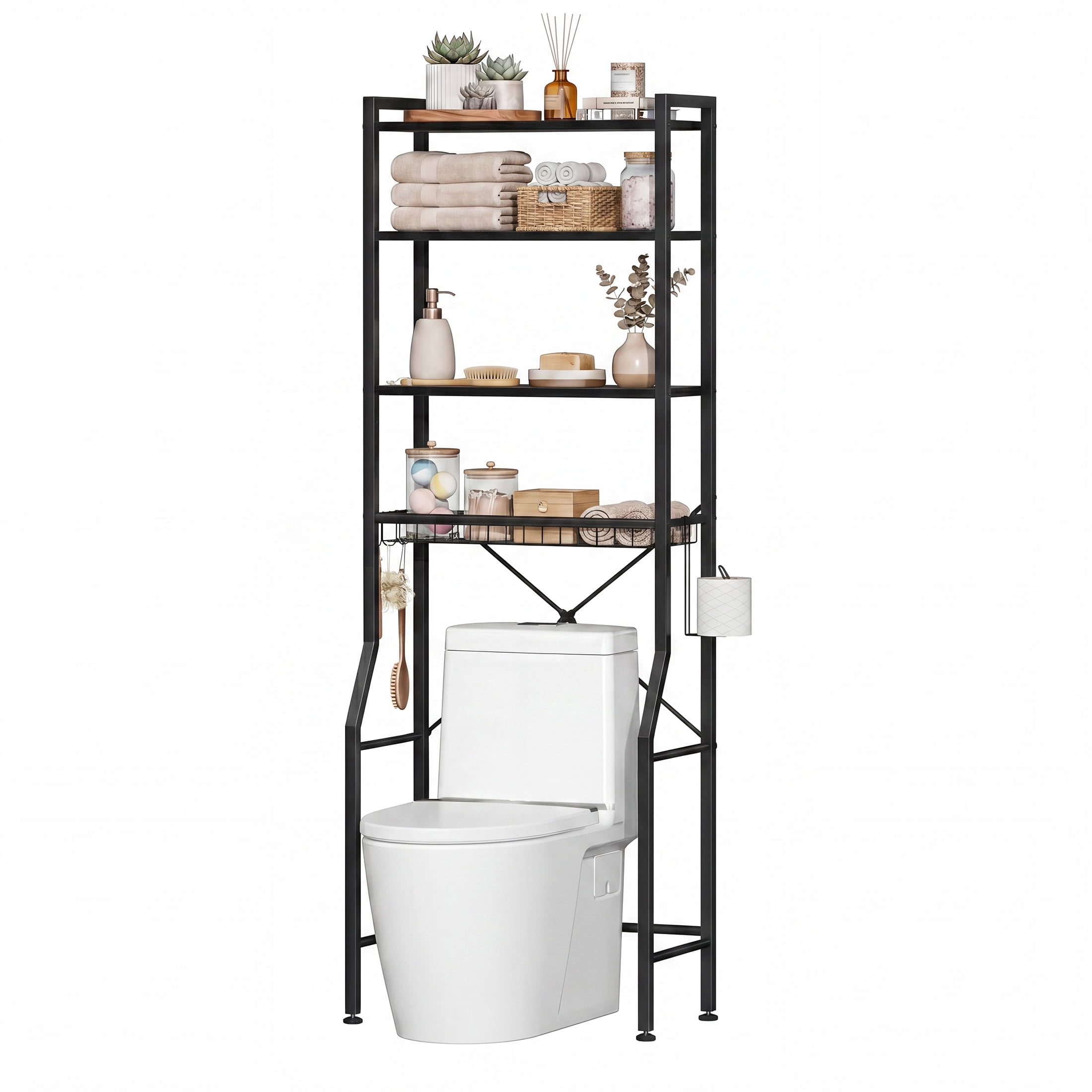 CONCETTA 4-Tier over the Toilet Bathroom Storage Rack, Adjustable Space Saver Organizer with Shelves, Basket & Hooks, Black