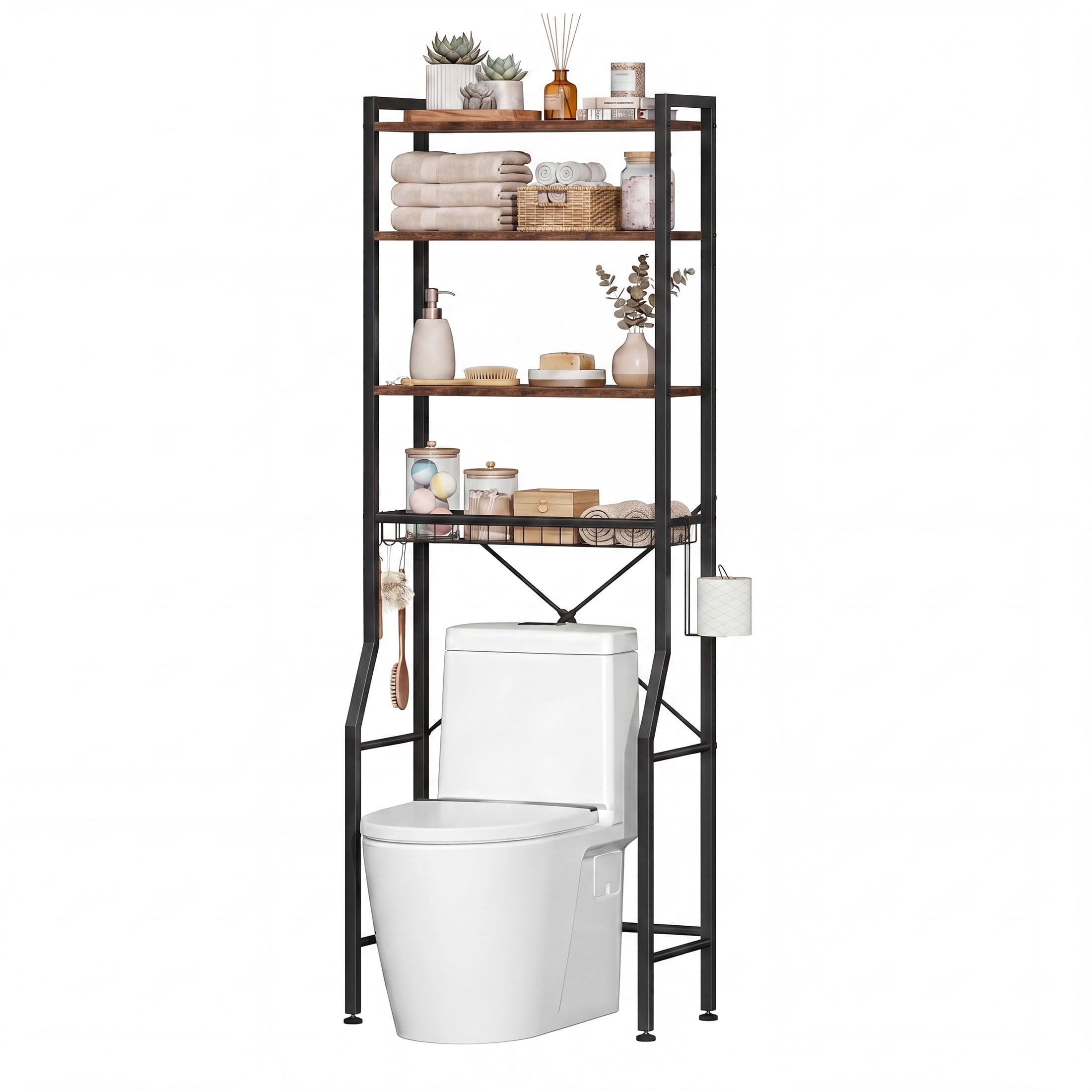 CONCETTA 4-Tier over the Toilet Bathroom Storage Rack, Adjustable Space Saver Organizer with Shelves, Basket & Hooks, Rust